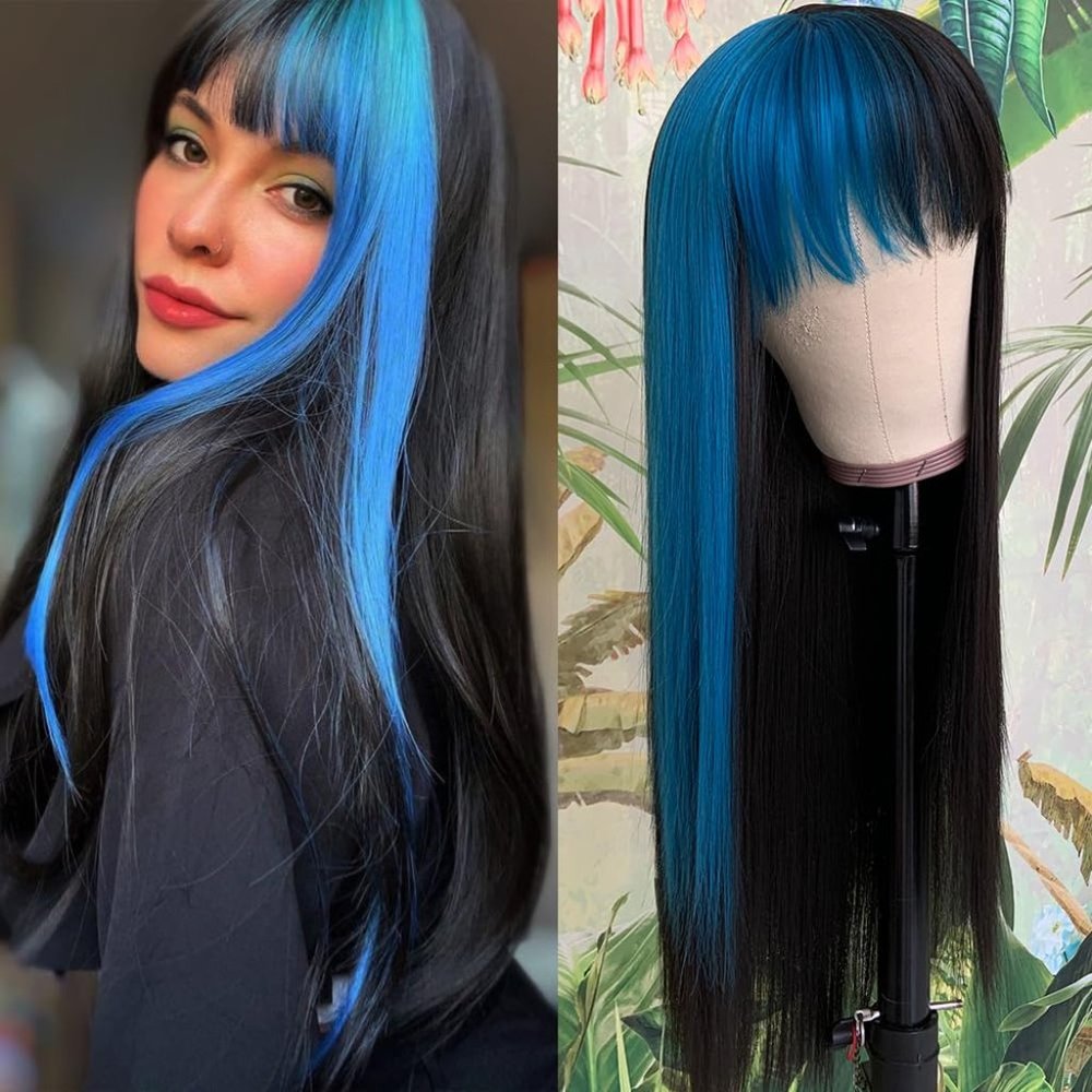 Women Blue Highlights Black Hair Synthetic Wigs with Bangs